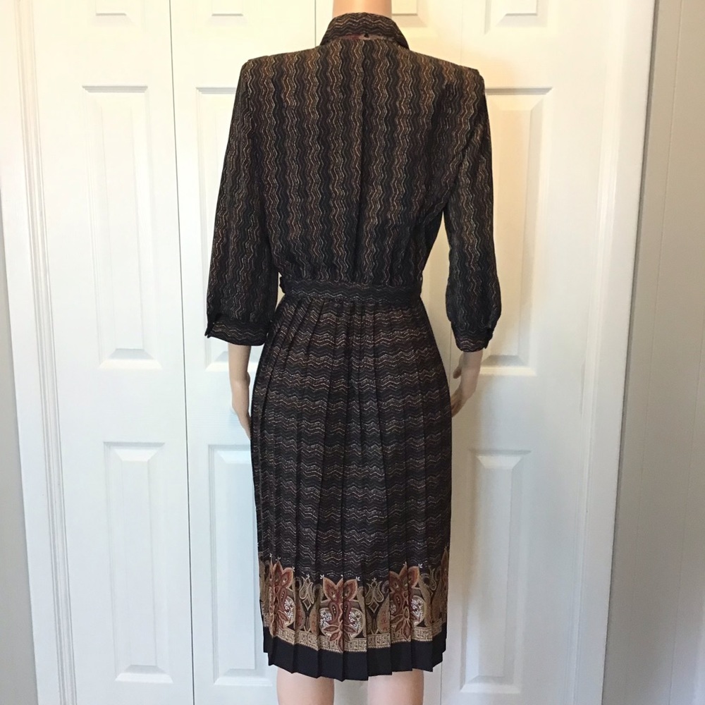Vintage Breli Originals Brown Belted Pleated Secretary Shirt Dress Size 8 - Picture 6 of 8